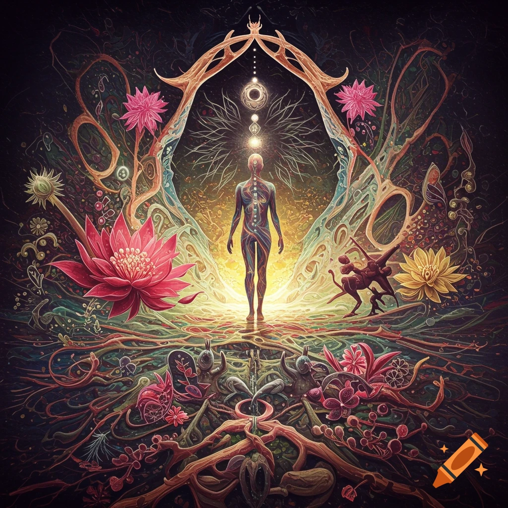 Stylized human figure in glowing void surrounded by abstract roots, flowers, and mystical symbols.