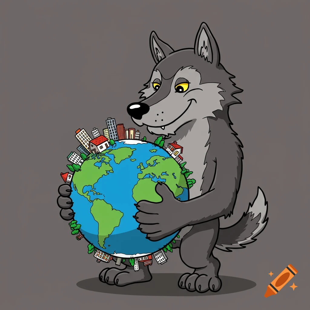 Cartoon wolf holding the Earth with tiny cities and trees, looking mischievous.