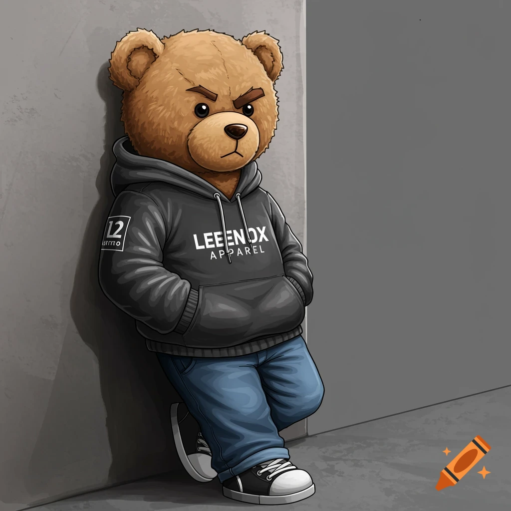 Illustration of a cool teddy bear wearing a hoodie and jeans, leaning against a wall.
