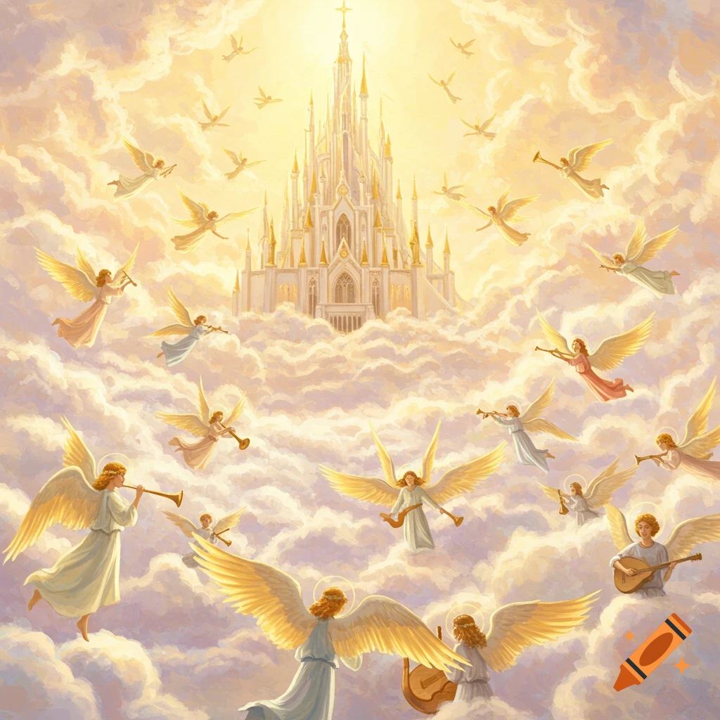 Angels fly around a bright, white castle in a cloudy, sunlit sky in a religious painting.