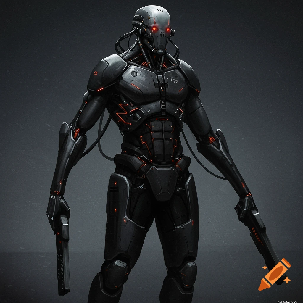 Dark sci-fi digital illustration of a black robotic figure with red eyes holding two pistols.