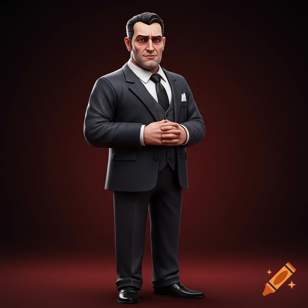 A stylized figure of a man in a dark suit, hands clasped, against a red background.