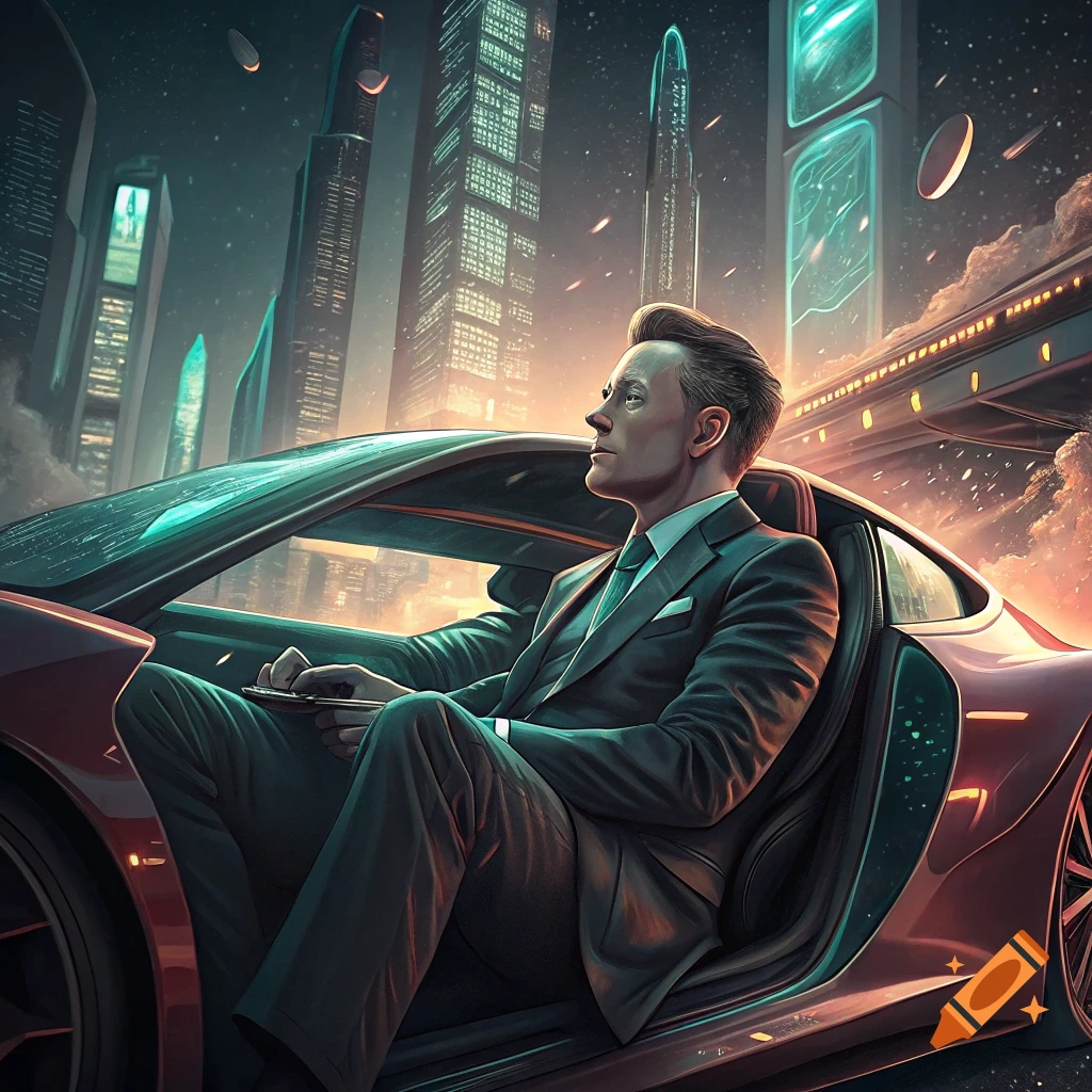 A man in a suit sits in a sports car overlooking a futuristic cityscape at night.