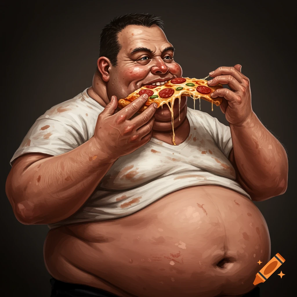 Illustrative portrait of an obese man happily eating a slice of dripping pizza.