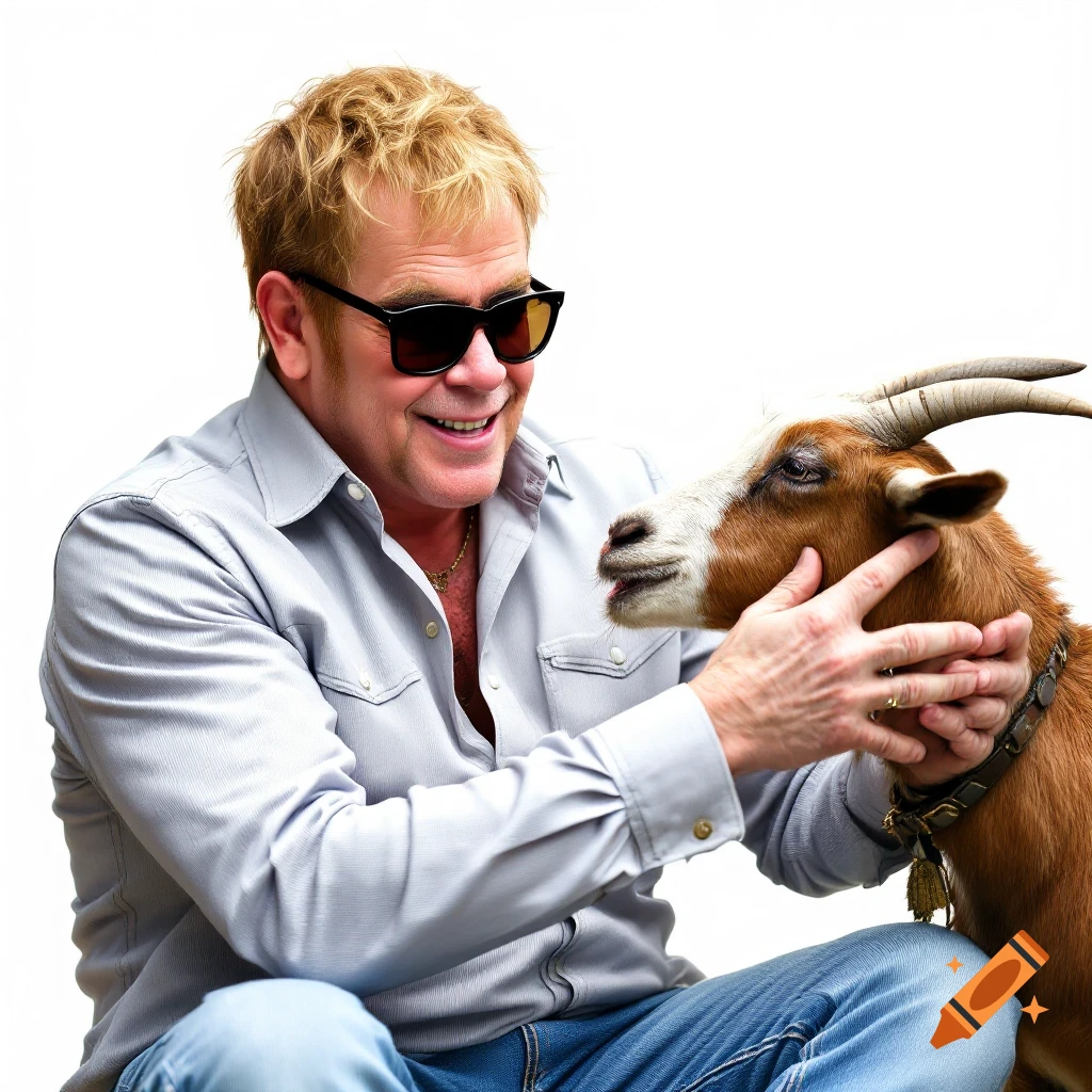 Photorealistic image of Elton John petting a goat.