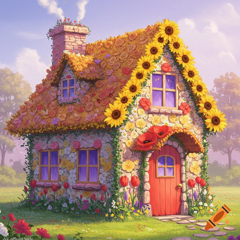 A whimsical house made of colorful flowers like roses, sunflowers, and poppies, set in a grassy field.