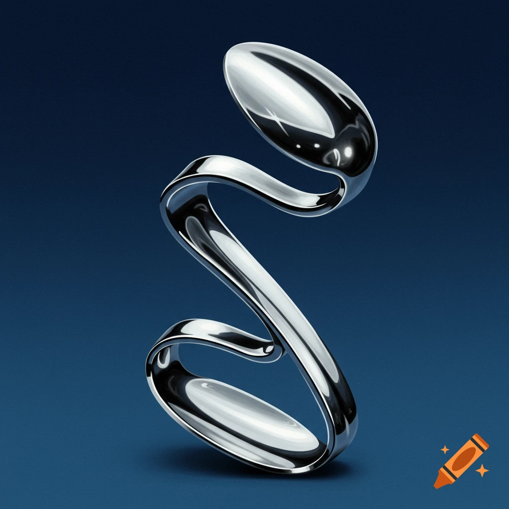 Abstract sculpture of a bending chrome object against a blue background.