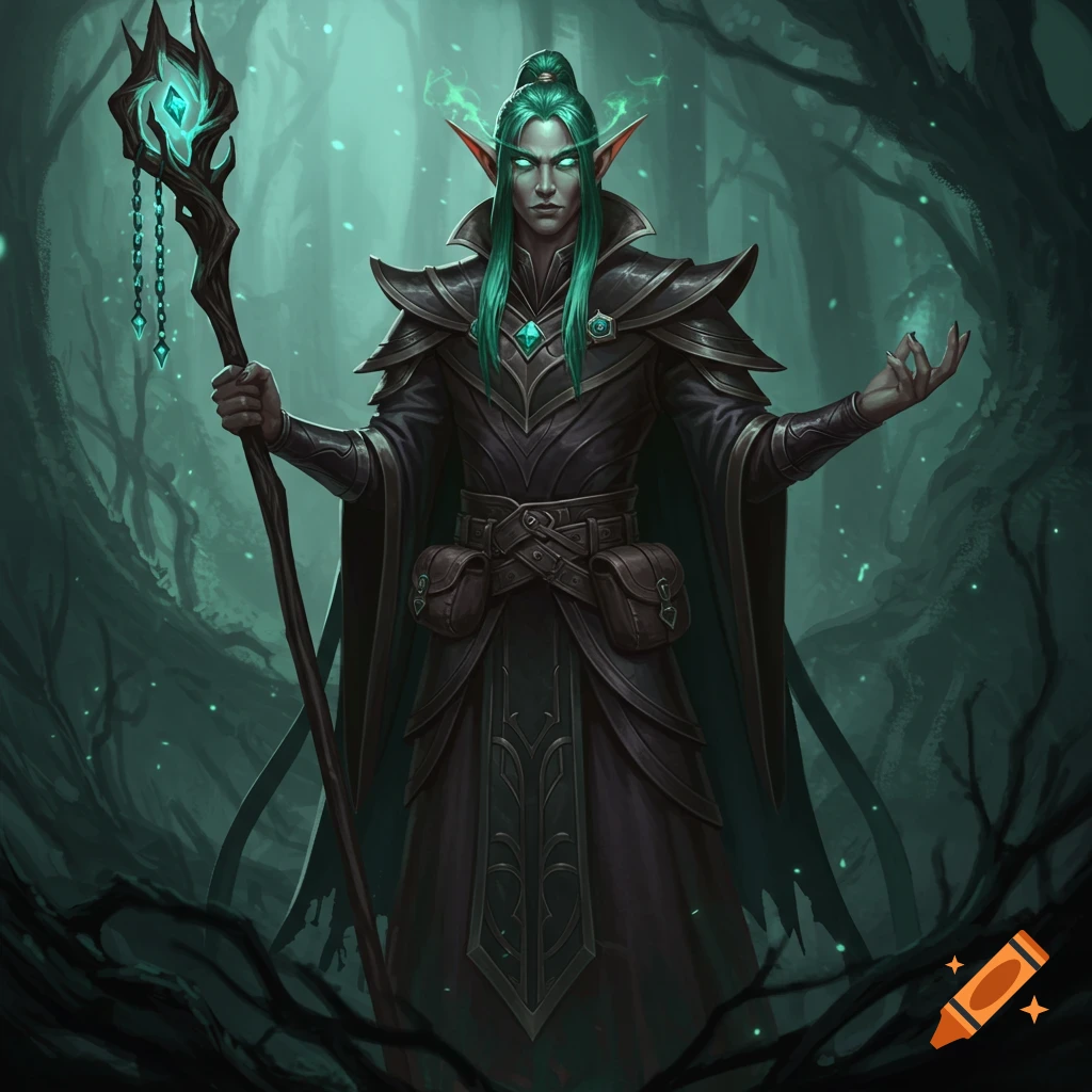 A fantasy illustration of an elf warlock with green hair holding a glowing staff in a dark forest.