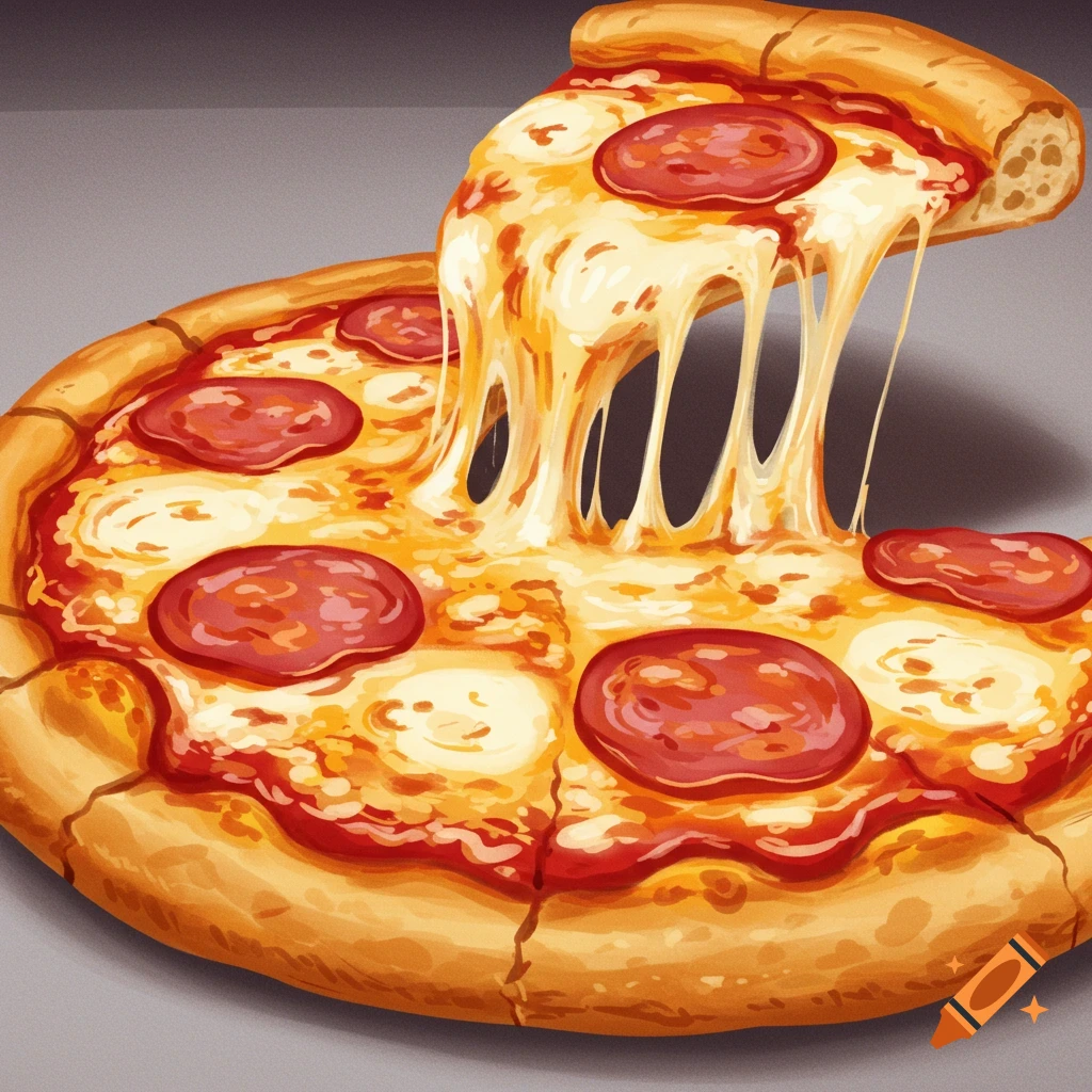 A slice of pizza being lifted, with cheese stretching.