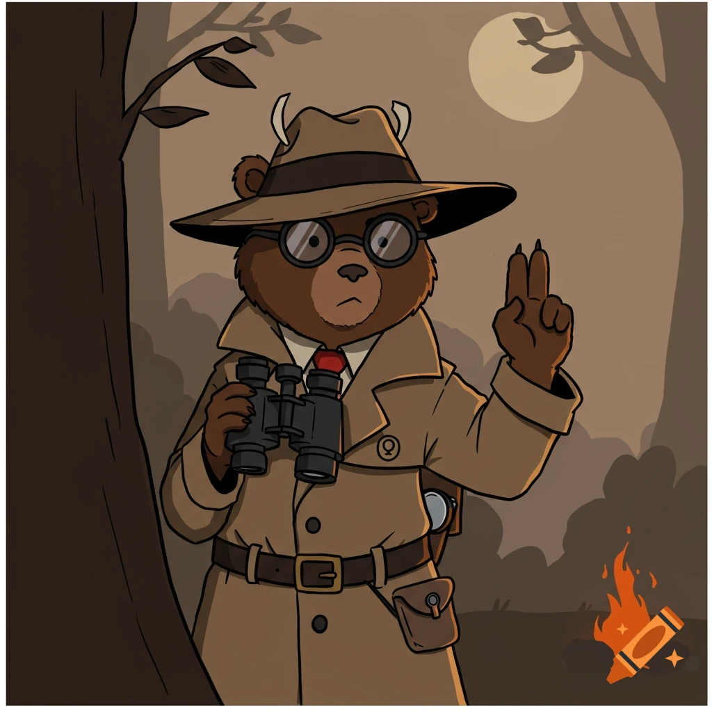 A cartoon bear dressed as a detective with binoculars, standing in a forest at night.