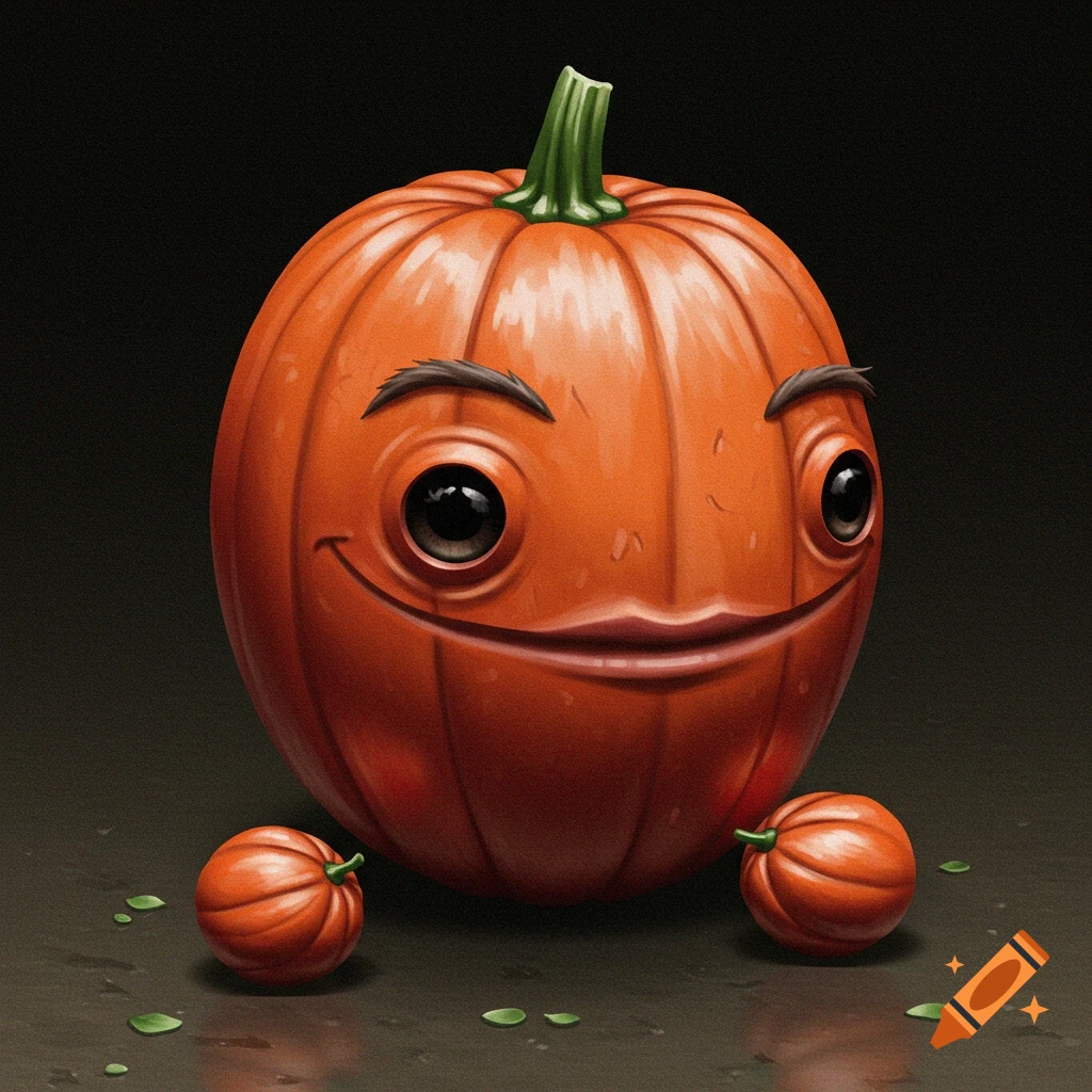 A large orange pumpkin with big eyes, eyebrows, and a smile sits with two smaller pumpkins on a wet surface with leaves.