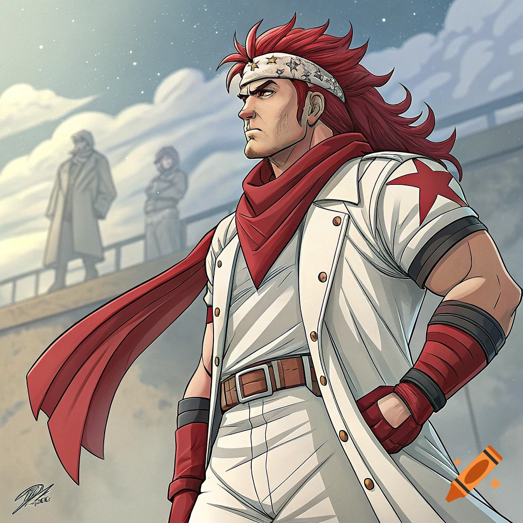 Muscular man with red hair, red scarf, and white star-adorned jacket, standing against hazy background. Illustration style.
