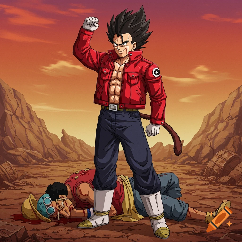 Anime illustration of a Vegeta-style character standing over a defeated Usopp in a desert.