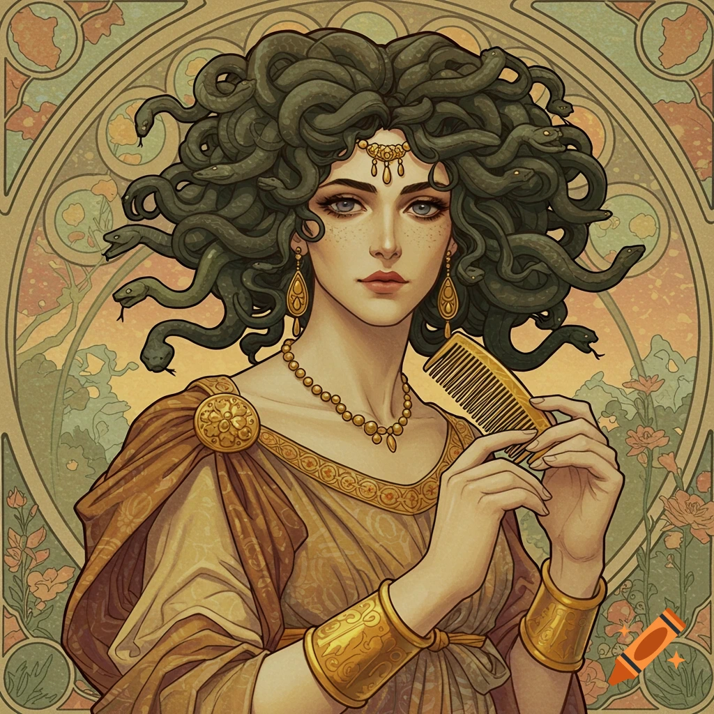 Medusa with snakes for hair holding a comb, in an Art Nouveau style.