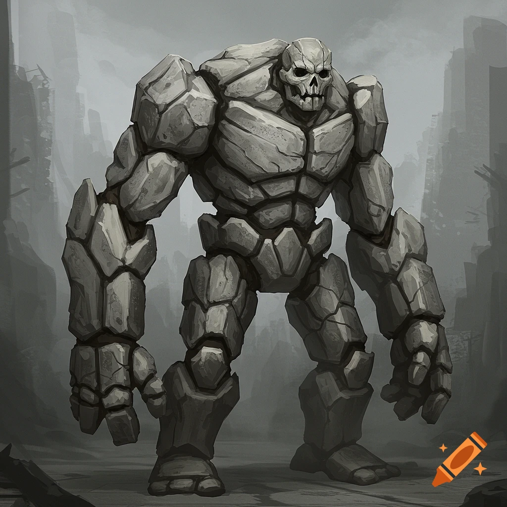 A large, muscular rock golem with a skull face stands in a desolate landscape. Digital illustration.
