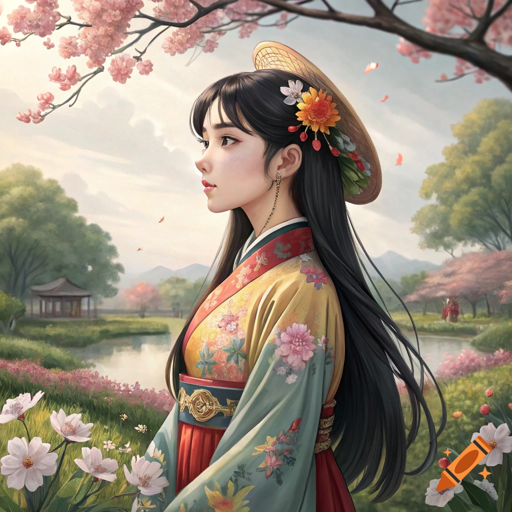 A woman in traditional Vietnamese clothing and hat stands in a lush landscape with cherry blossoms, in an anime style.