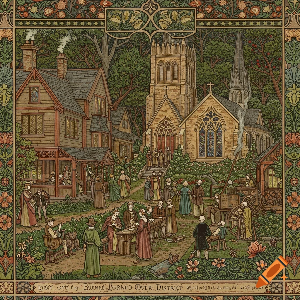 An Arts and Crafts illustration of a village scene with a church, houses, and many people gathered.