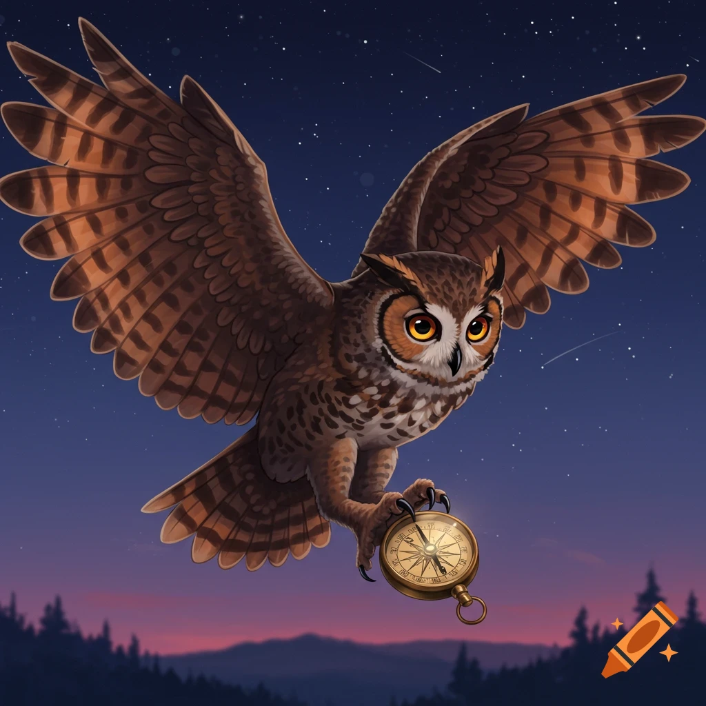 An illustrated owl flies through the night sky holding a compass.