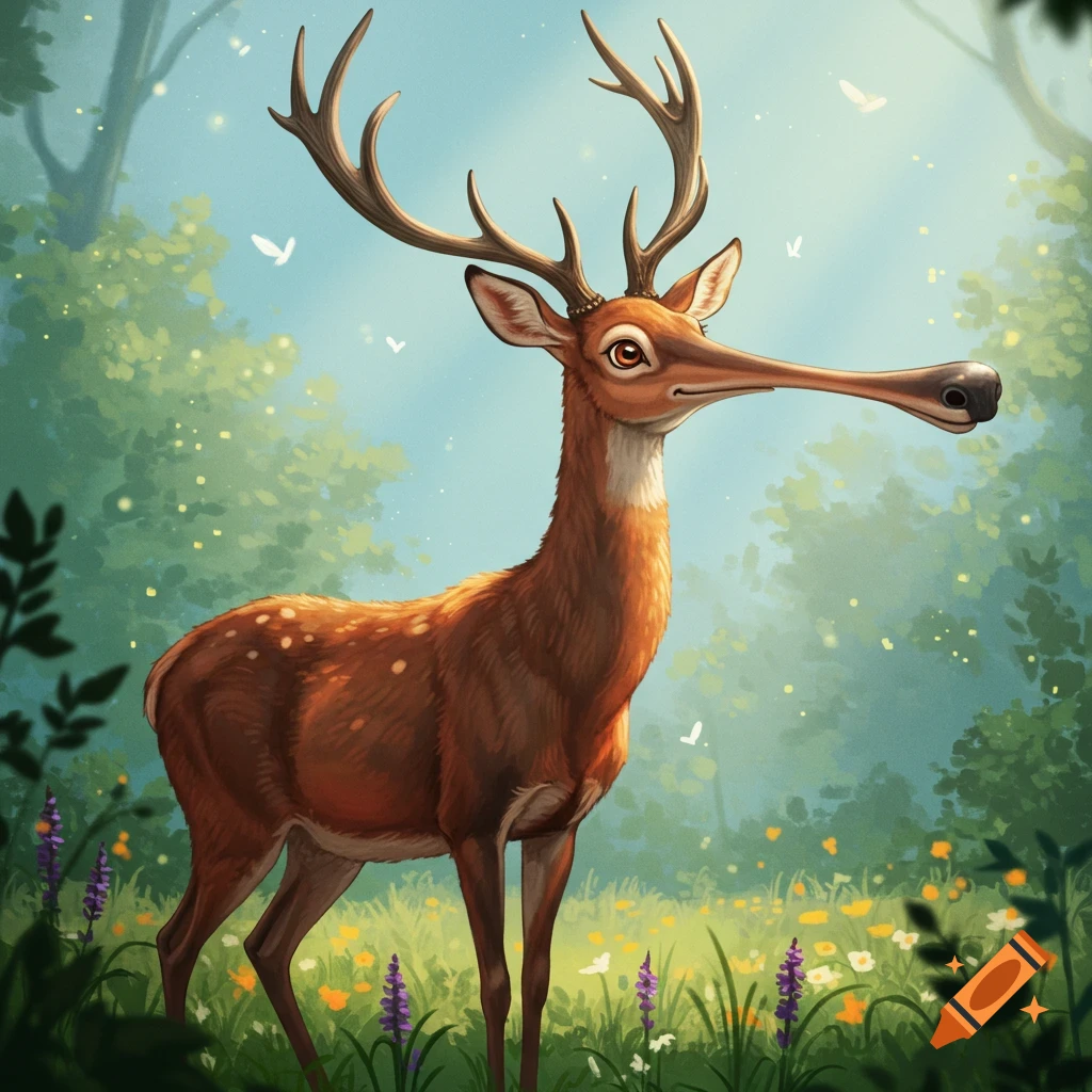 An illustration of a deer with an extremely long snout standing in a sunny forest clearing.