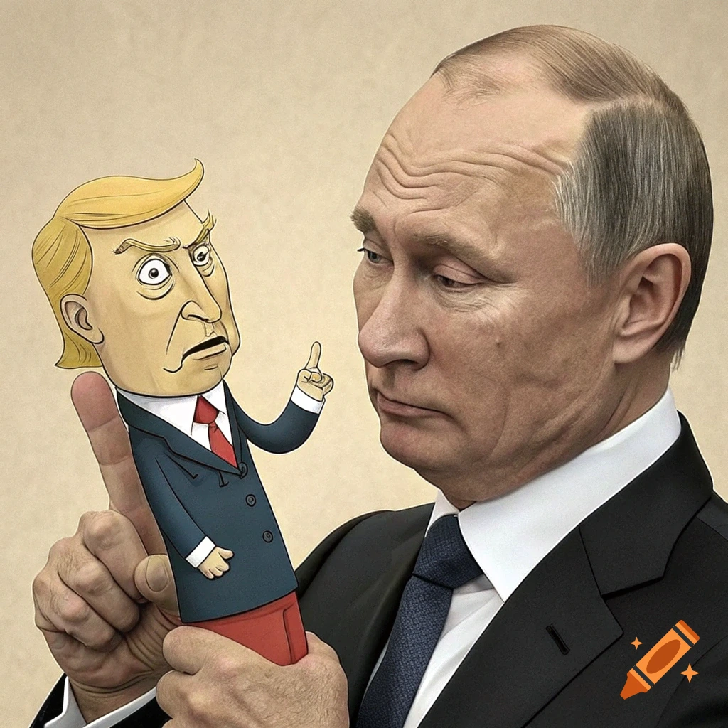 Vladimir Putin holding a cartoon finger puppet of Donald Trump