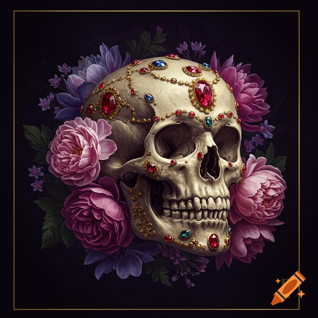A skull decorated with gold and jewels, surrounded by pink and purple flowers, painted on a dark background.