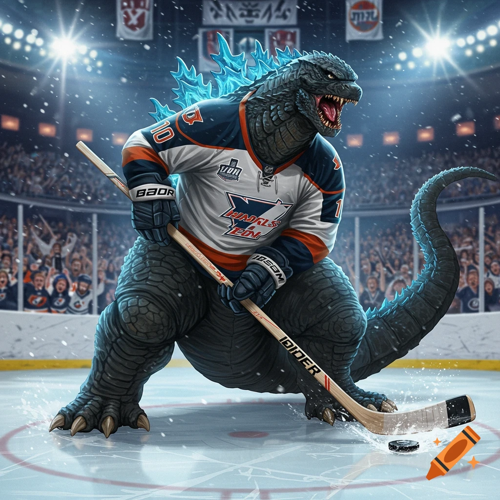 Godzilla wearing a hockey jersey and playing ice hockey in an arena.