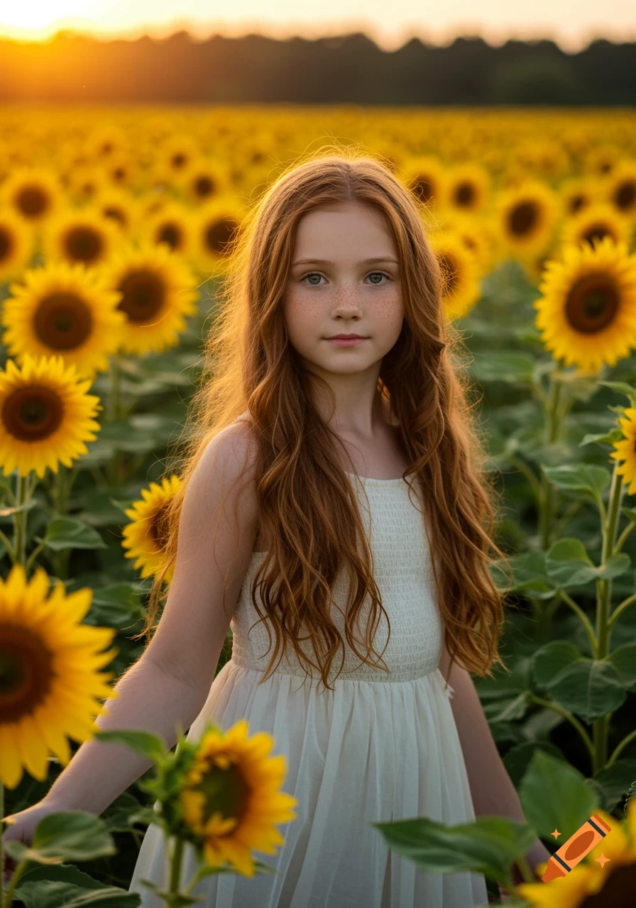 A young girl with long red hair stands in a field of sunflowers at sunset.