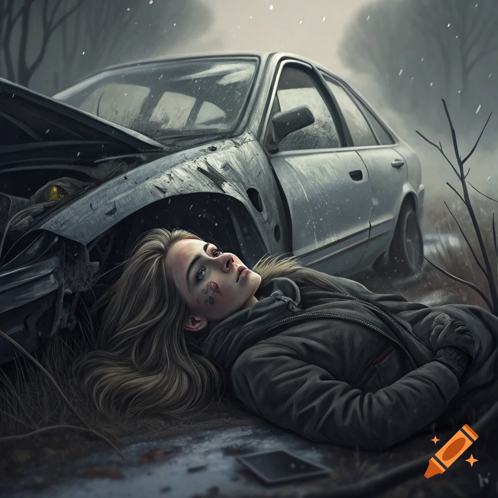 A woman with facial injuries lies on the ground next to a crashed car in a bleak setting.