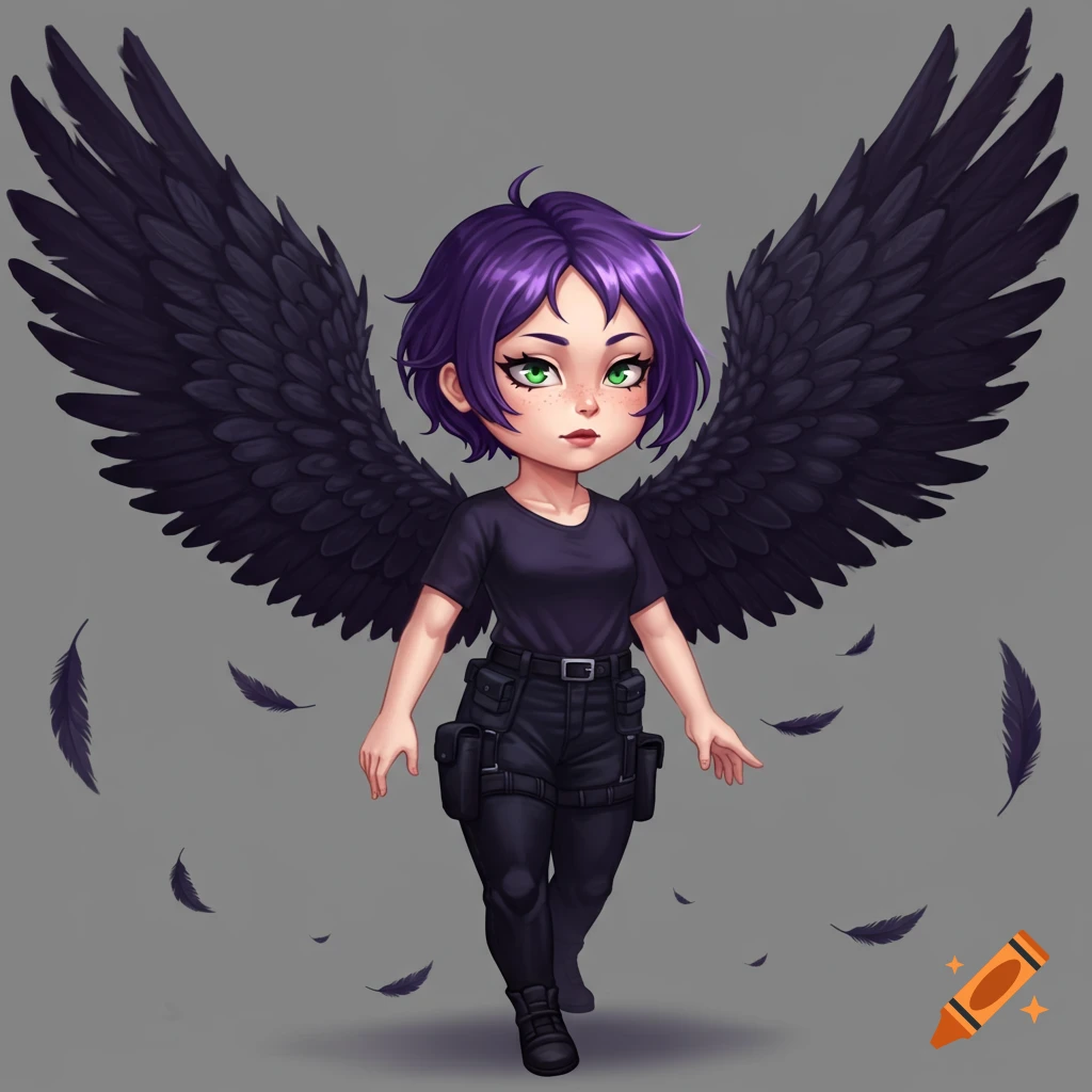 A chibi anime character with purple hair, green eyes, black feathered wings, and a black utility belt outfit stands with falling feathers.