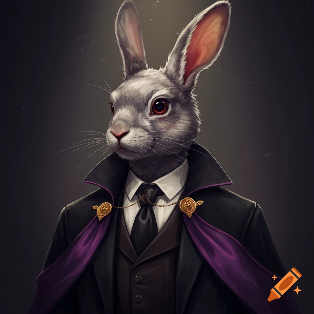 Anthropomorphic rabbit in a black suit and purple cloak.
