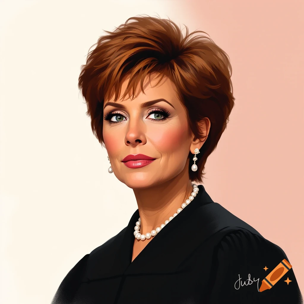 Stylized portrait of a woman resembling Judge Judy in a black robe and pearls.