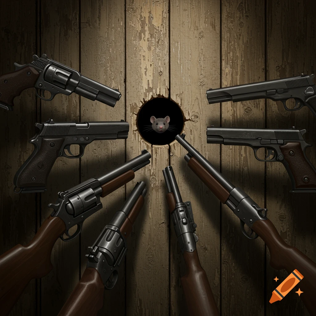 Multiple guns pointed at a mouse peeking out of a hole in a wooden wall.