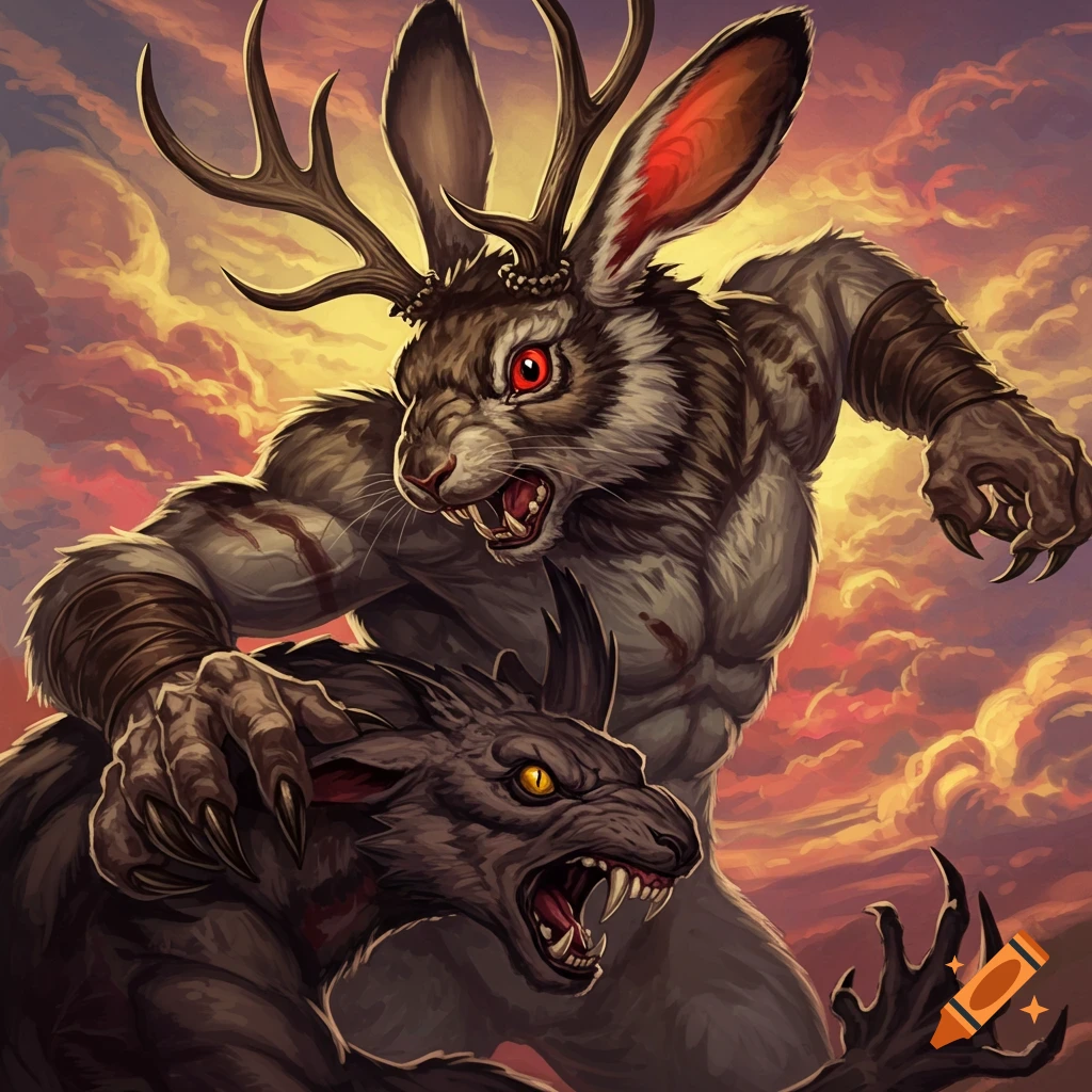 A muscular jackalope creature fighting a dark canine monster under a dramatic sky.