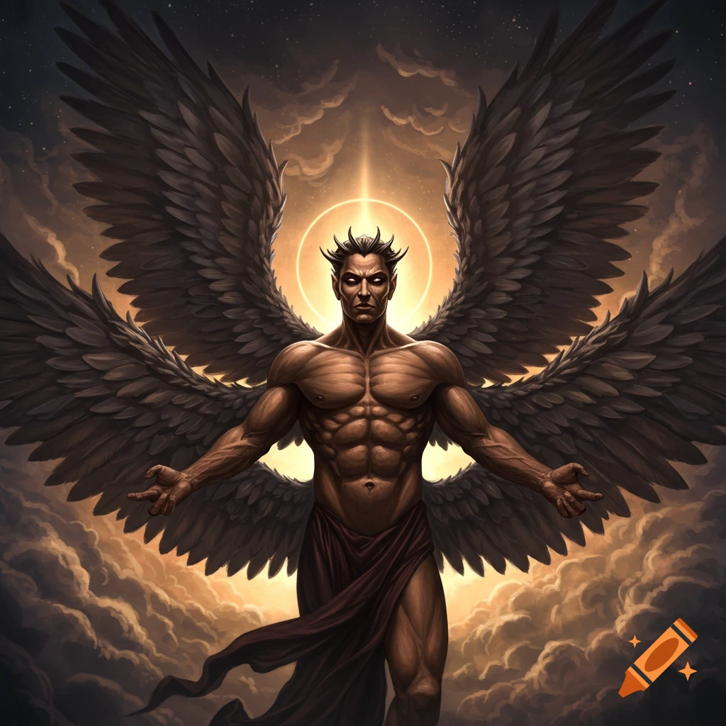 Powerful winged figure against a cloudy sky with a glowing halo.