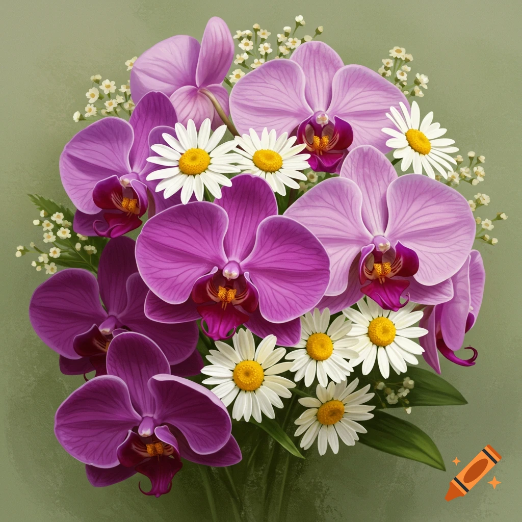 A bouquet of purple orchids and white daisies with a green background.