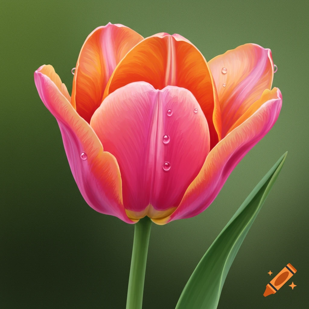 Close-up illustration of a pink and orange tulip with water droplets against a green background.