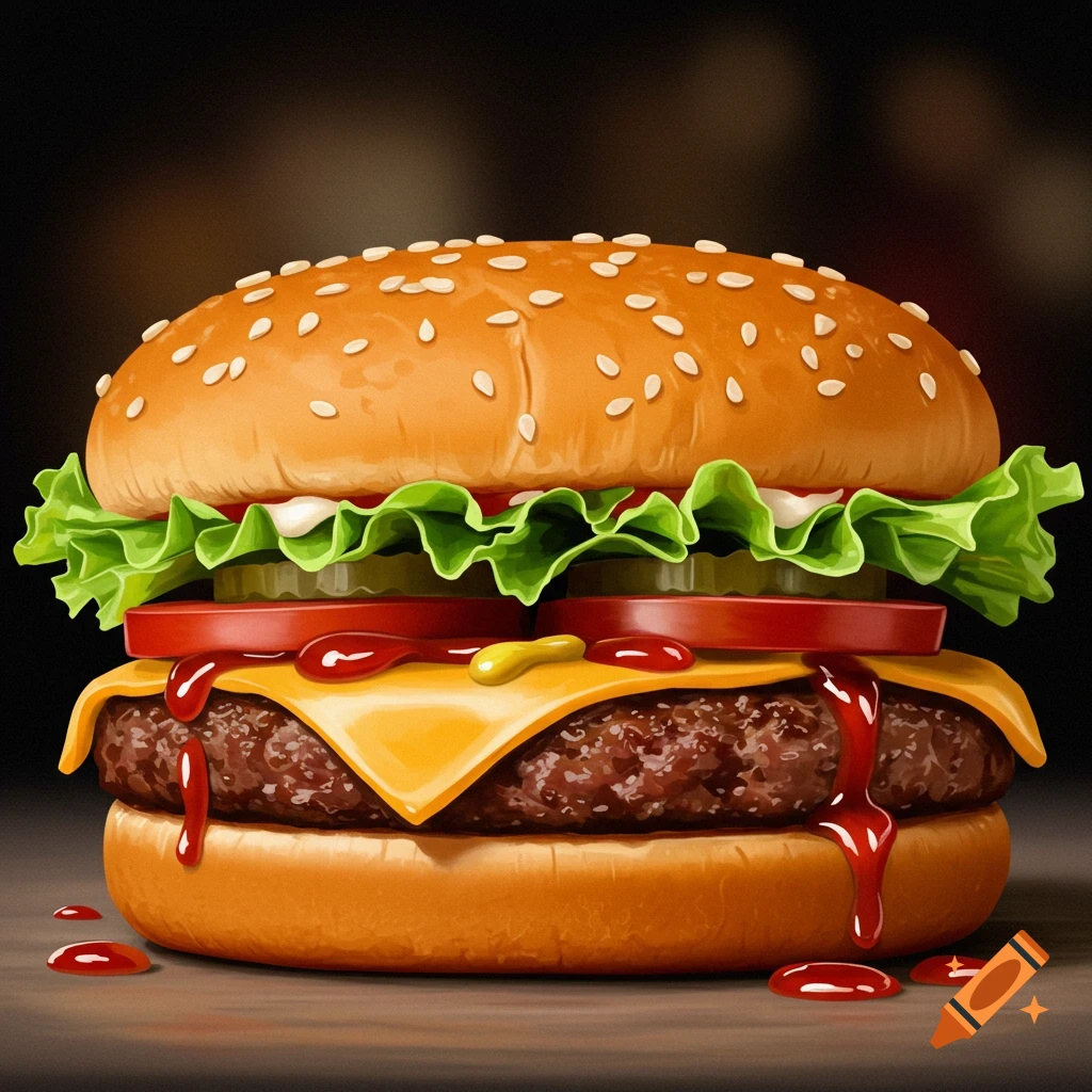 Close-up view of a delicious cheeseburger with lettuce, tomato, pickles, and sauce dripping down.