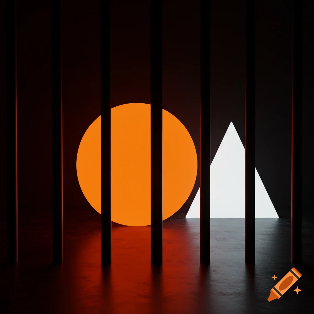 An orange circle and a white triangle are seen through vertical black bars in a dark scene.