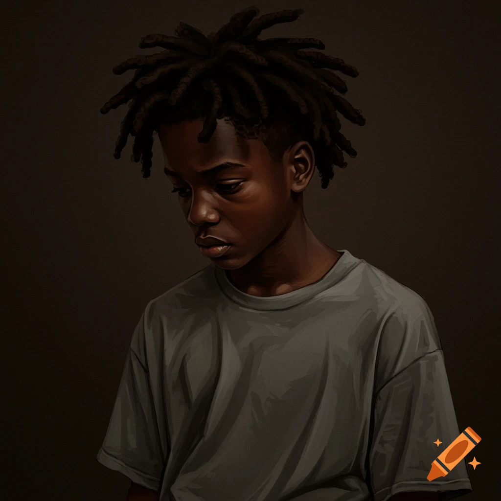 A sad young Black boy with dreadlocks is looking down.
