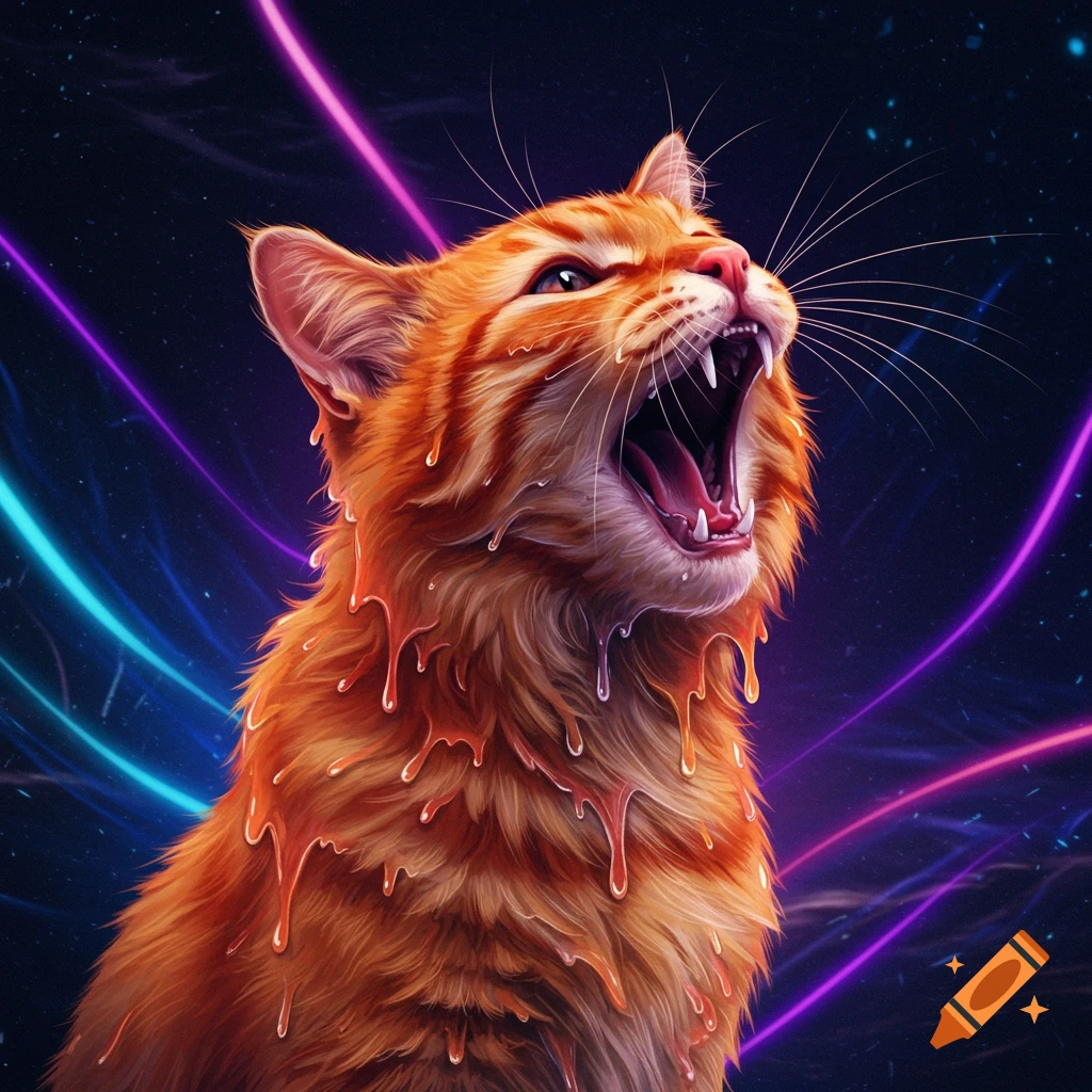 An orange cat howling with glowing drips on its fur against a dark background with neon lights.