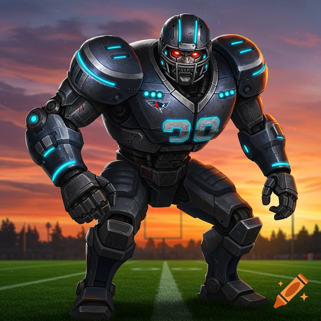 A futuristic robot football player wearing a dark uniform with the number 30 stands on a field at sunset.