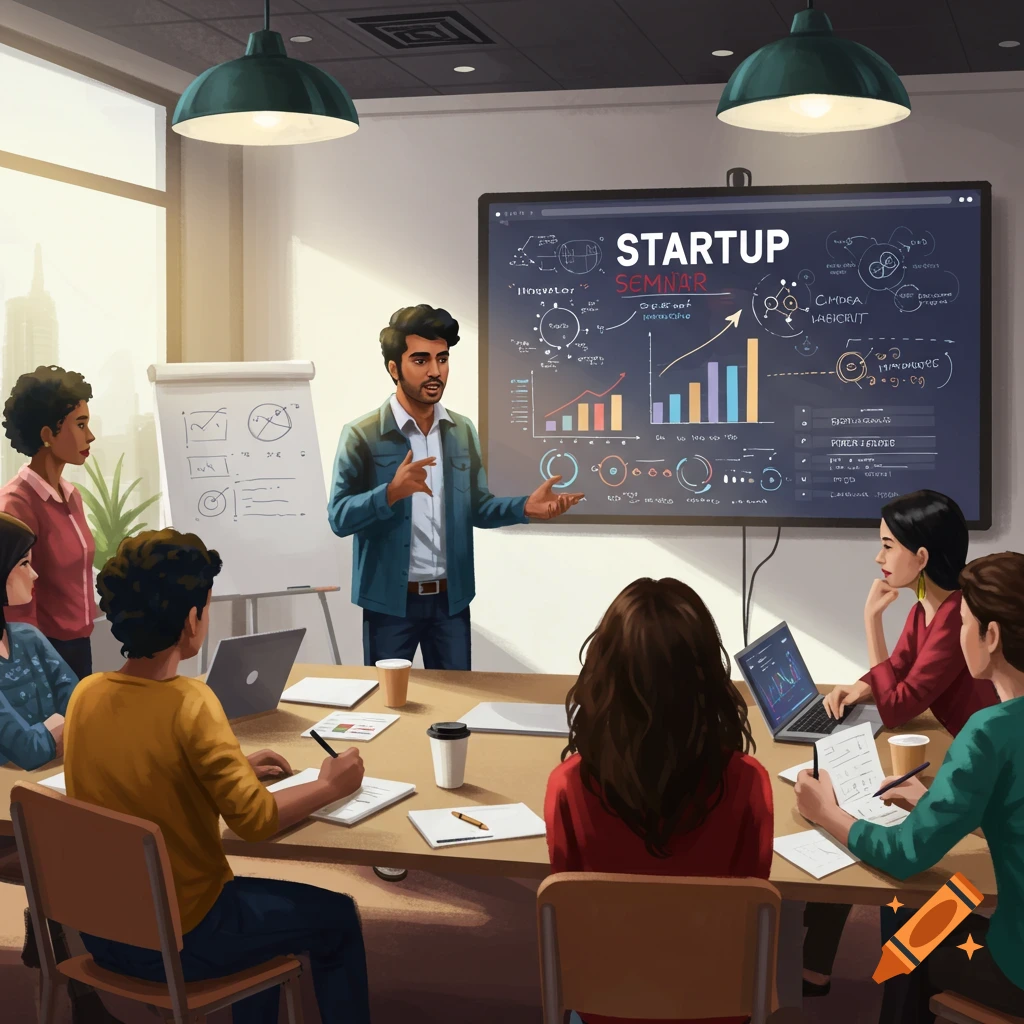 People attend a business startup seminar in a meeting room with a presentation screen and whiteboard. Illustrated style.