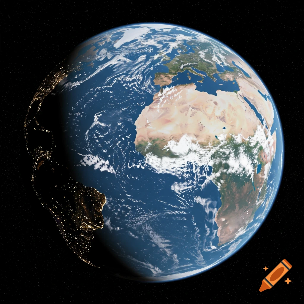 Earth seen from space showing land, oceans, clouds, and city lights on the night side.