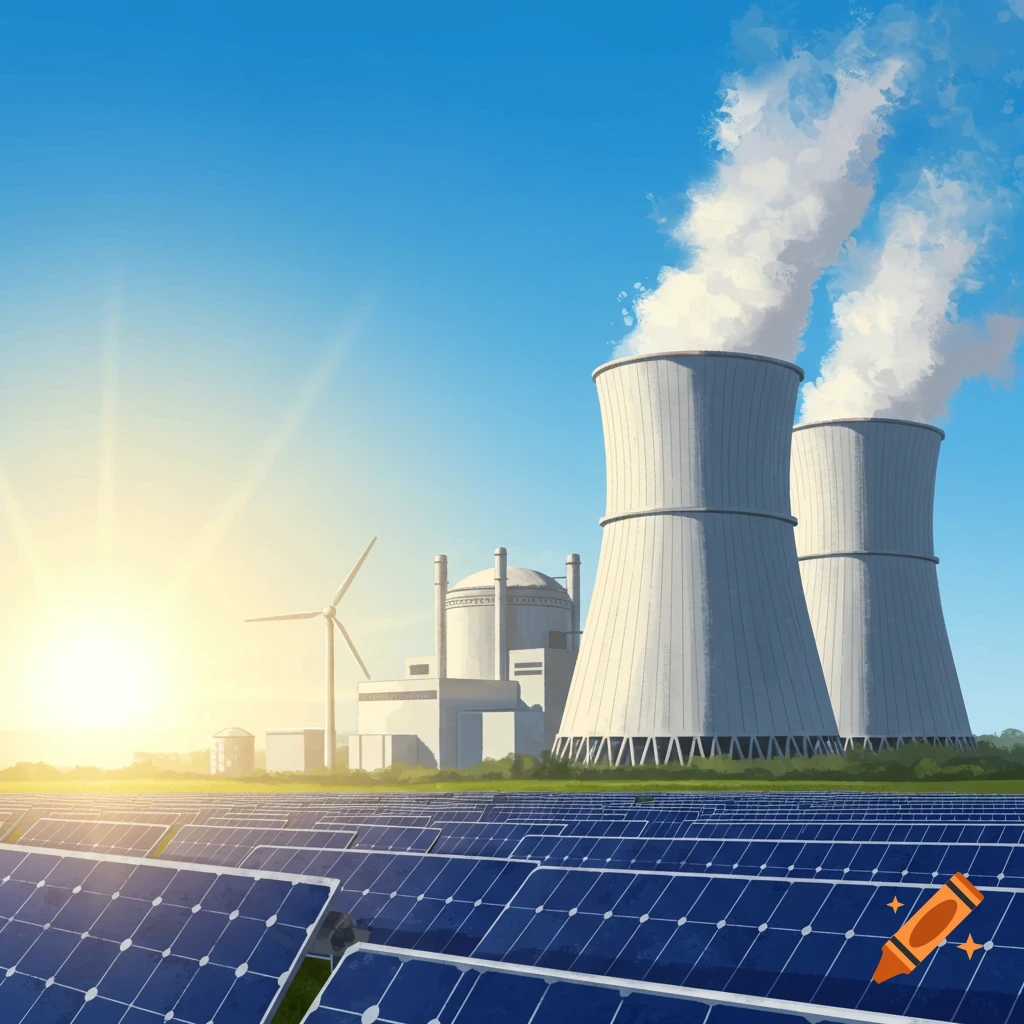Illustration of a power complex with solar panels, wind turbine, and nuclear plant under a sunny sky