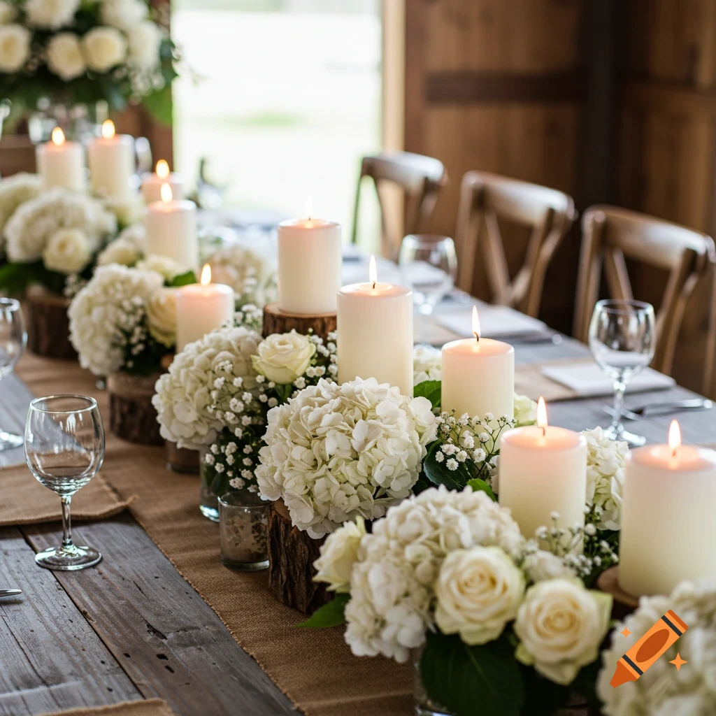 Wedding centerpiece with white flowers, pillar candles, wood accents, and burlap table runner on a rustic table