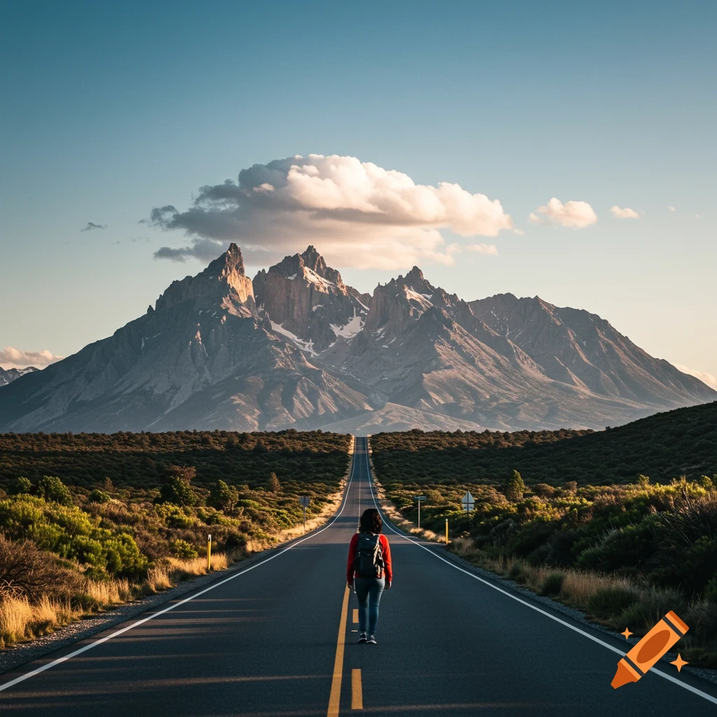 A person walks down an endless road towards large mountains under a bright sky.