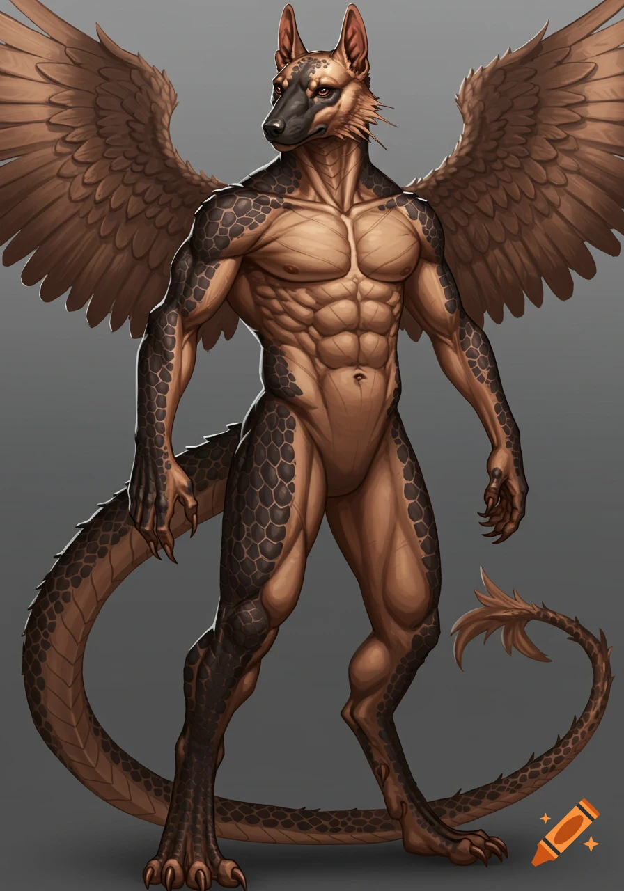 An anthropomorphic German Shepherd with scales, wings, and a tail stands flexing.