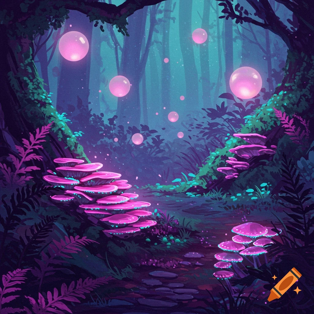 Iridescent fantasy forest with glowing pink mushrooms and light orbs floating above the trees.