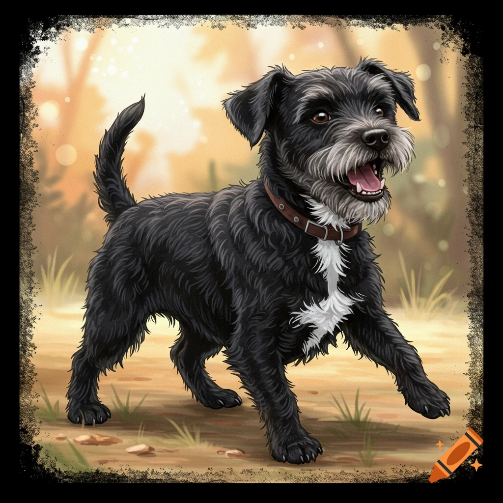 A black wire-haired dog with a white chest stands in a field in an illustrated style.