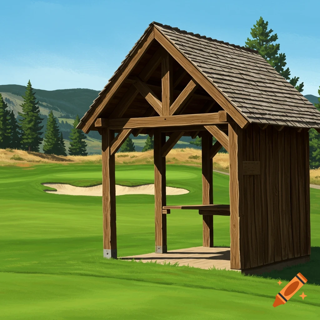 A wooden shelter sits on a green golf course with a sand trap and pine trees, mountains in the background, illustration style.